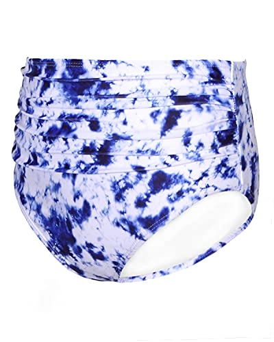 Flattering Women's High Waisted Bikini Bottom Shirred Tankinis Brief-Blue Tie Dye