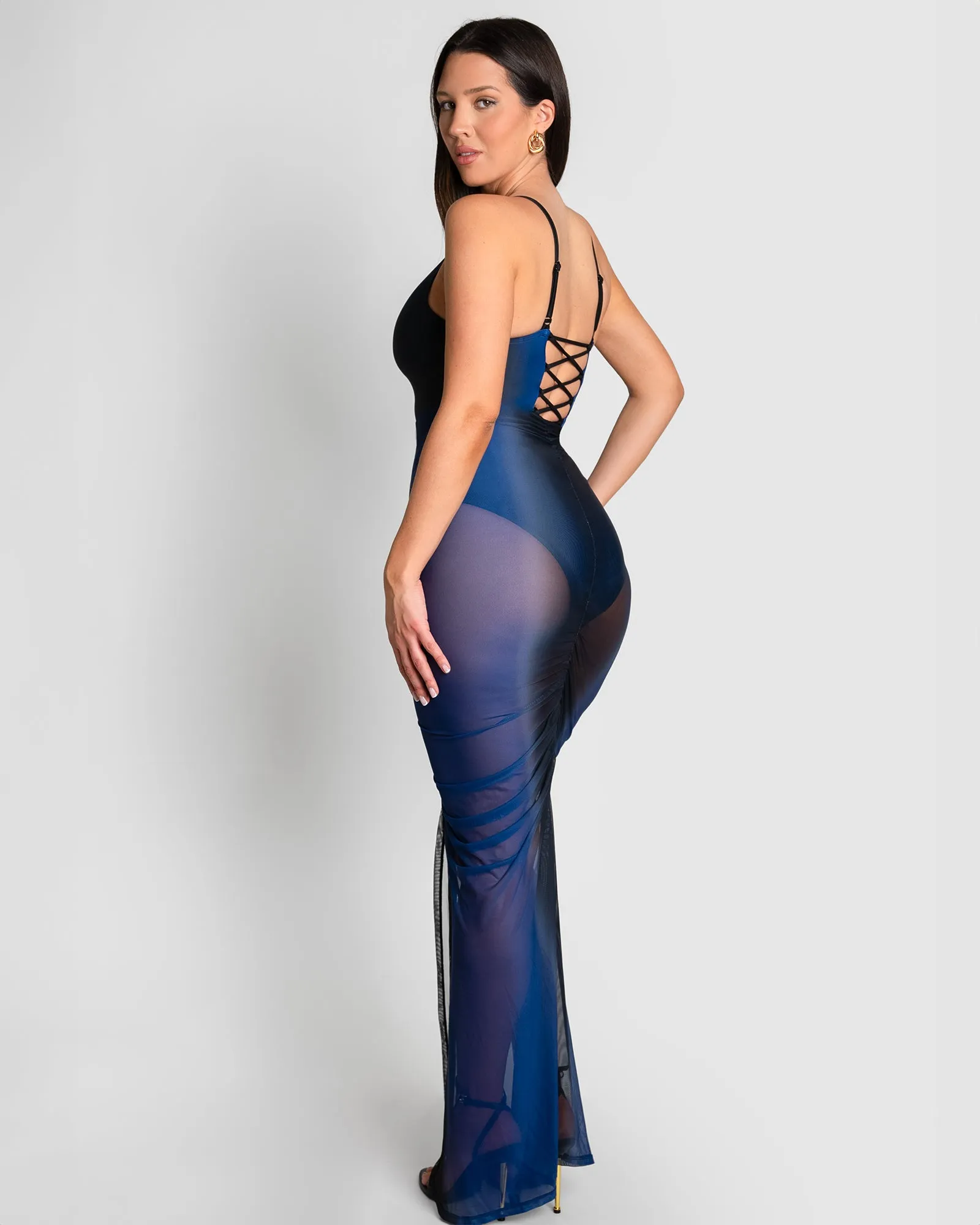Ruched Sheer Midi Skirty - Midnight Ombre