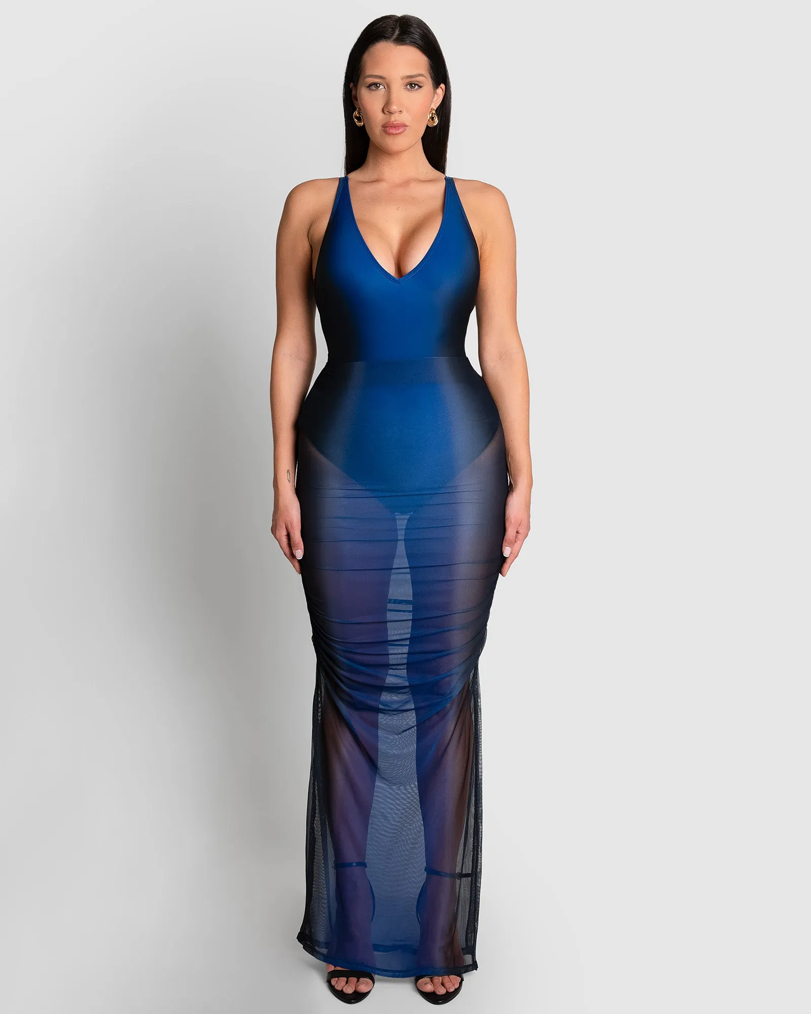 Ruched Sheer Midi Skirty - Midnight Ombre